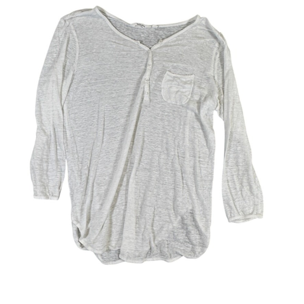 Athleta Womens White Linen Slub Knit Henley Long Sleeve Pocket Top Size S